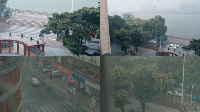 台风天暴雨街景