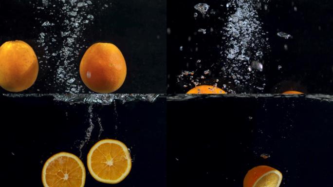 橘子落入水中切开的橙子
