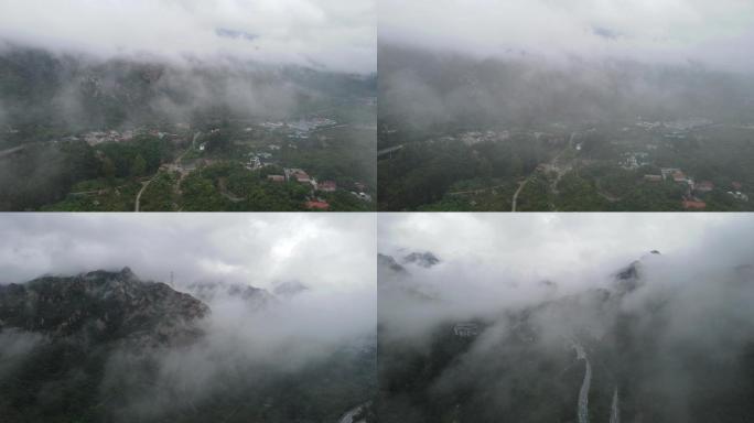 航拍雨天北京怀柔山区的云海