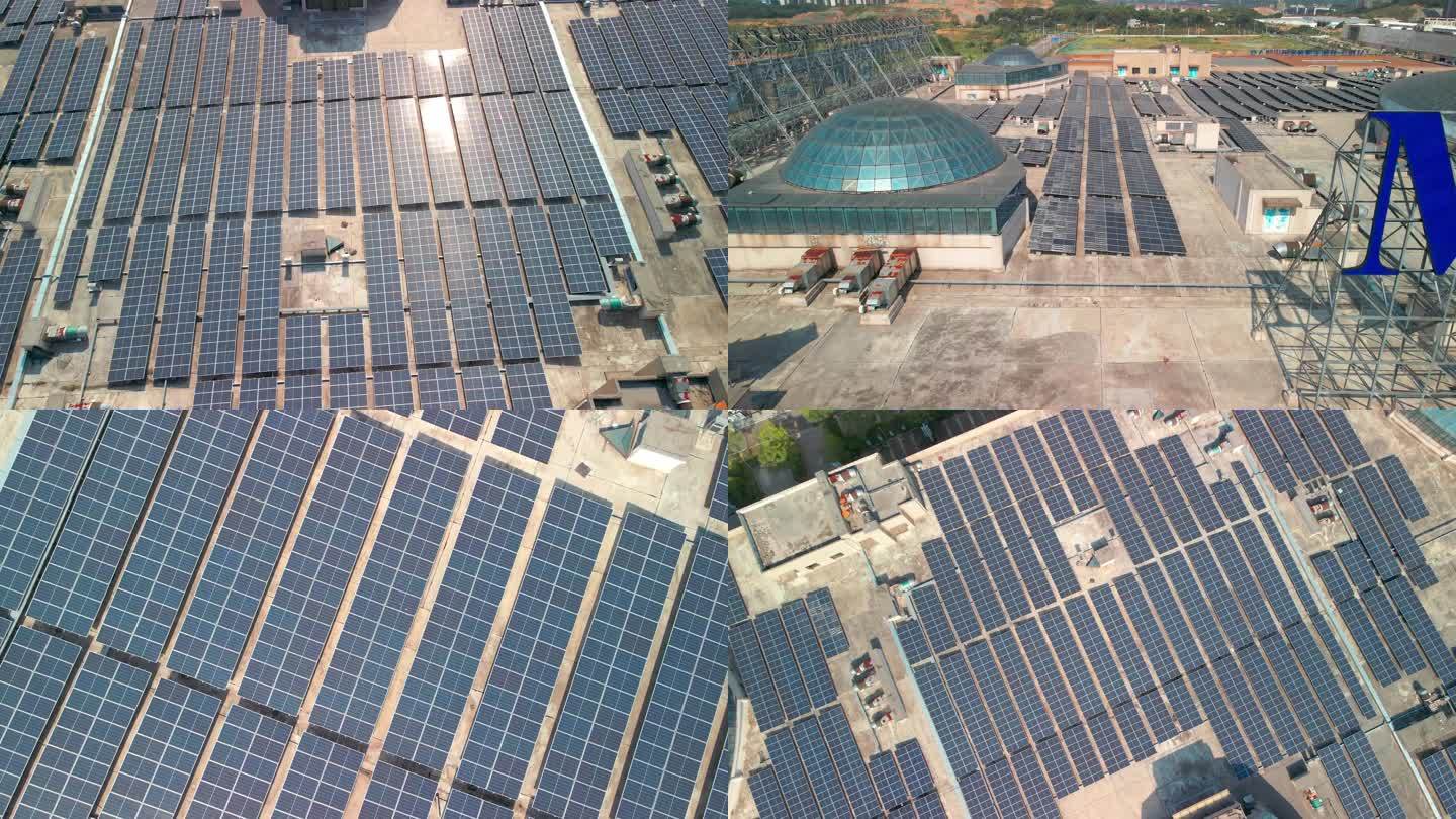 4K商场屋顶太阳能发电储能系统航拍空镜