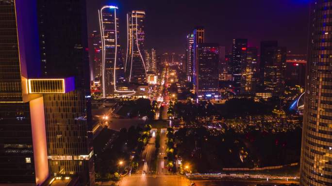 杭州CBD夜景延时城市穿越建筑穿梭航拍