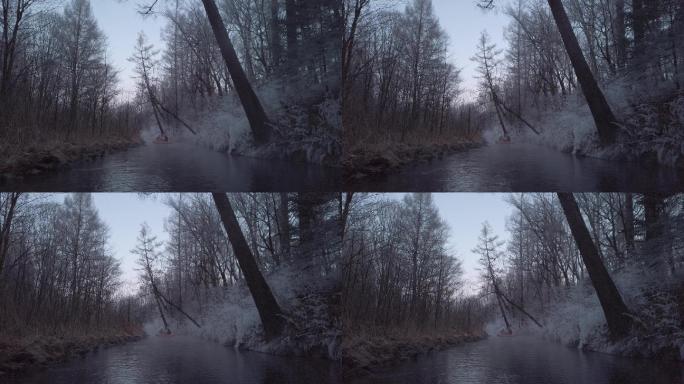 冬天白桦林中小河
