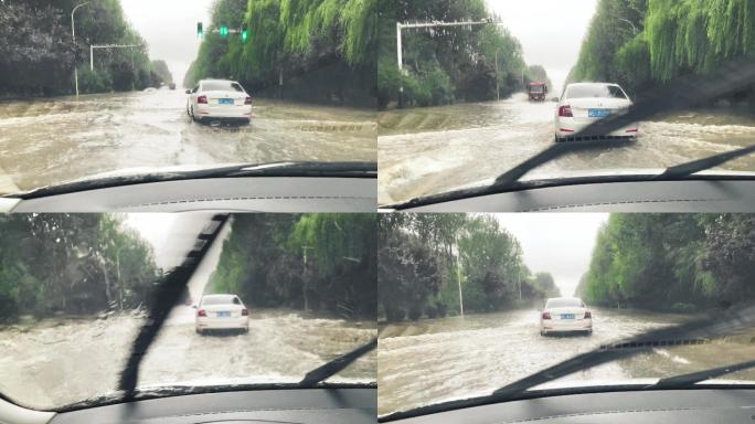 高清拍摄强降雨汽车涉水路段