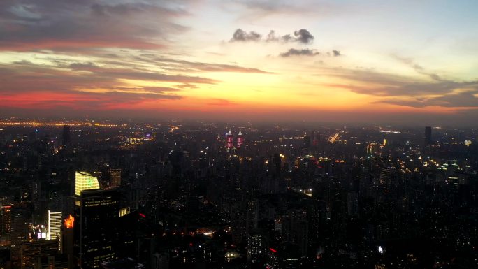 航拍延时-航拍红色霞光中的上海城市全景