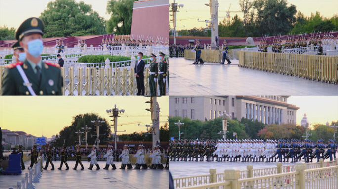 北京天安门东侧观看降旗仪式国旗班仪仗队