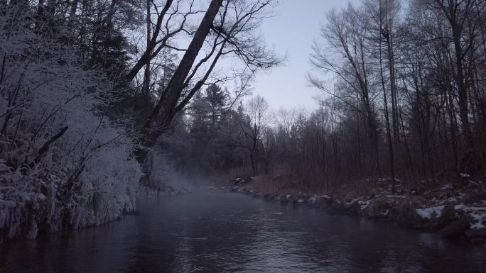 清晨冬天白桦林中小河