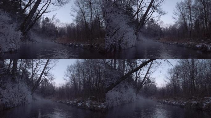 清晨冬天白桦林中小河