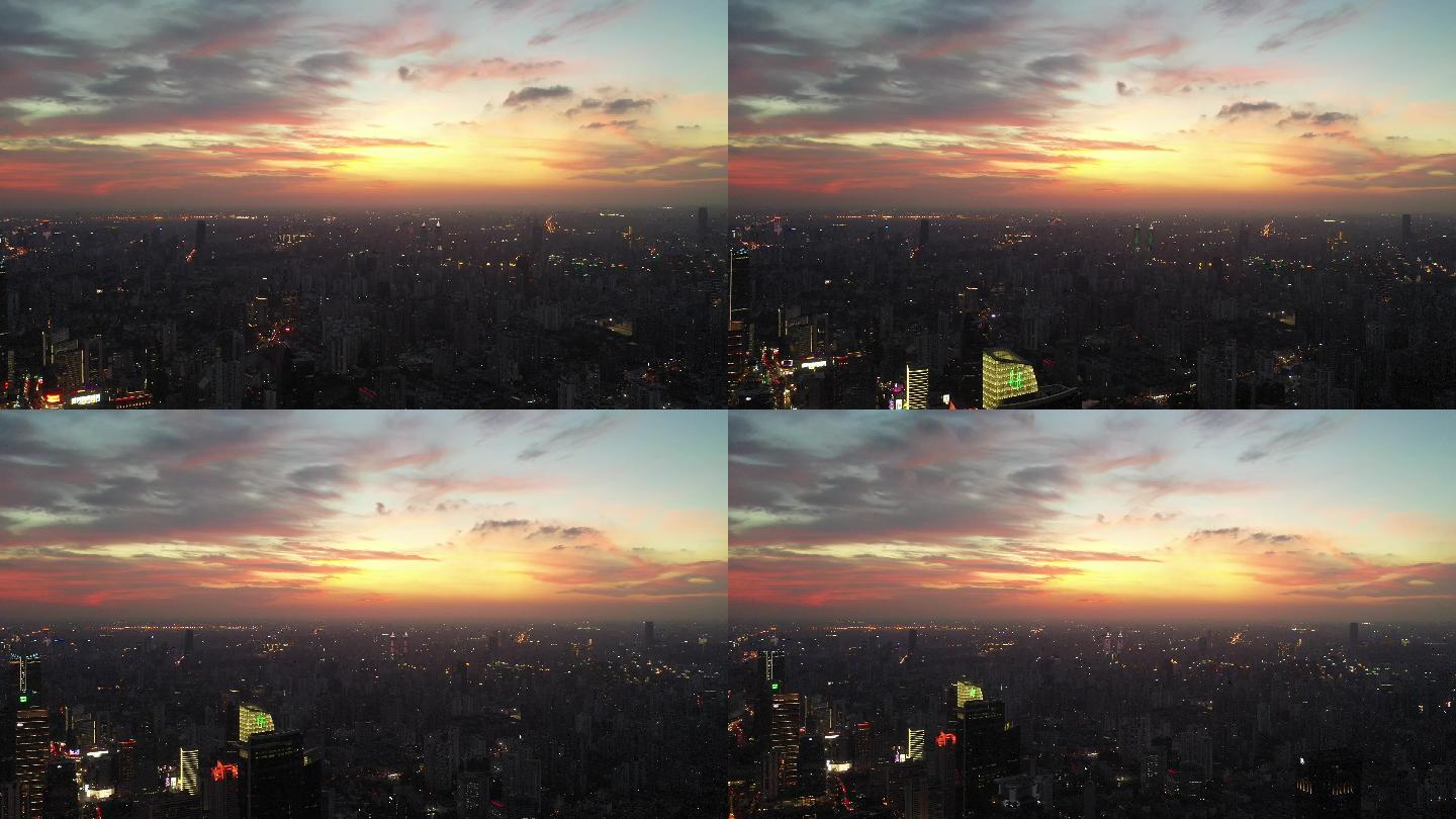4KLog-航拍红色霞光中的上海城市全景