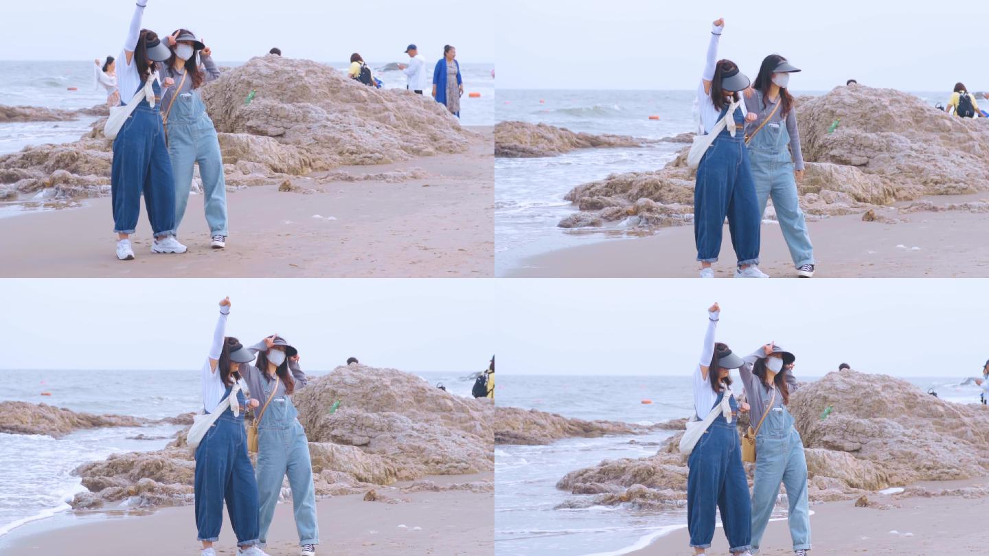 海边女孩拍照玩耍记录生活
