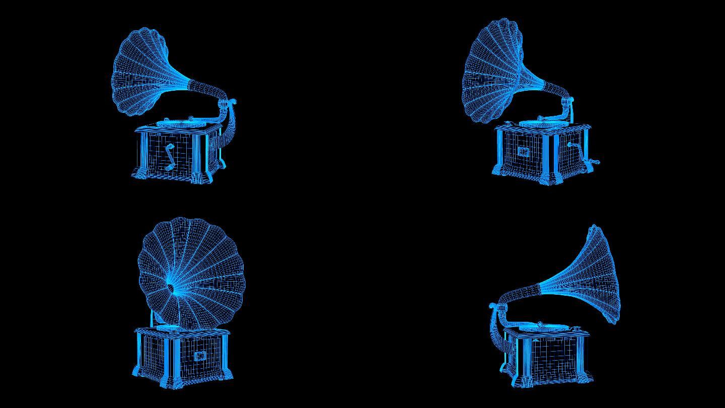 蓝色线框全息科技留声机动画素材带通道