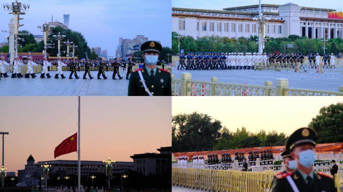 北京天安门两侧观看降旗仪式国旗班仪仗队