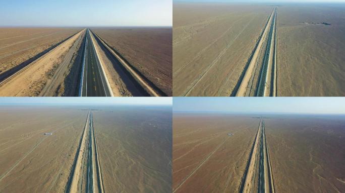 甘肃河西走廊，沙漠戈壁公路铁路（航拍）