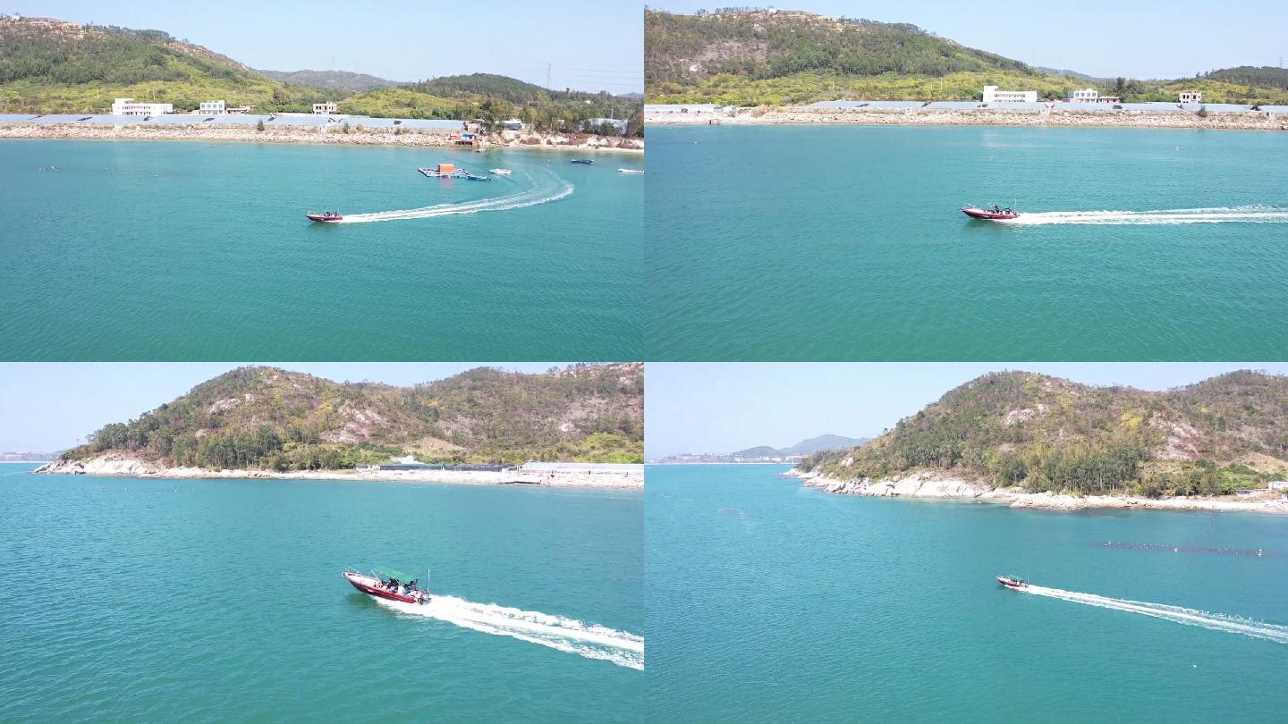 惠州双月湾航拍海边快艇海边风景大海无人机