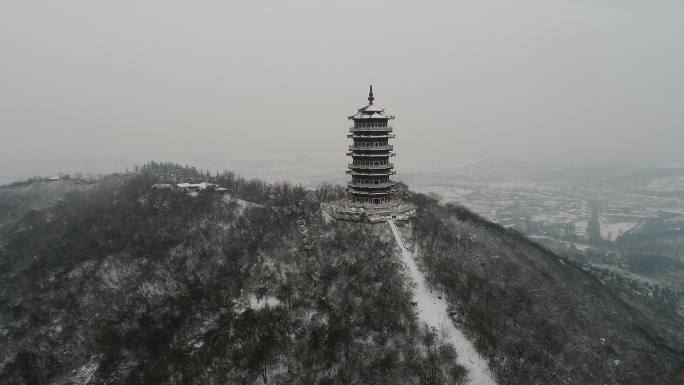 航拍襄阳古隆中景区雪景旅游风光