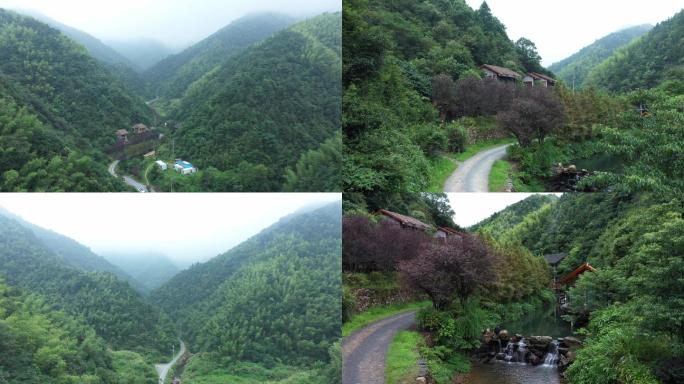 4K航拍湖南浏阳大山里的房屋小溪玩水