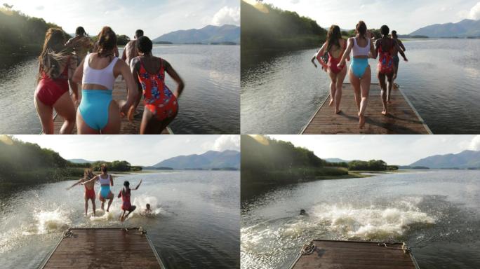 朋友们跳进湖里国外外国美女模特跳水少女度