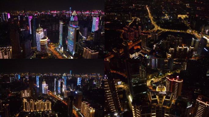 4K航拍城市夜景 武汉西北湖摩天大楼道路