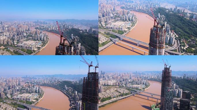 4K航拍重庆陆海国际中心地标建筑工地