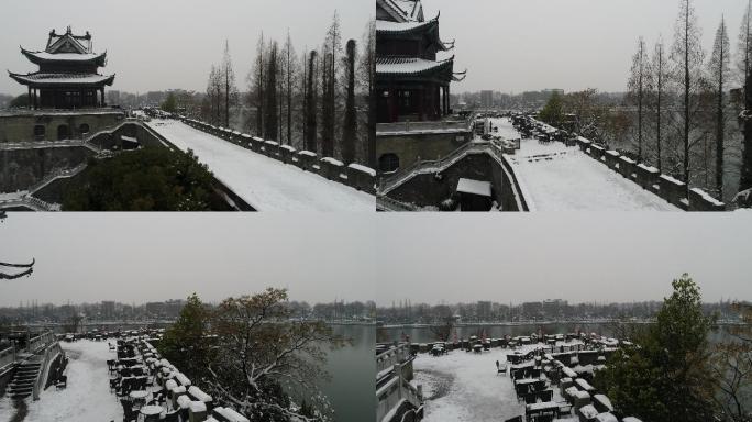 航拍襄阳古城仲宣楼城市雪景风光