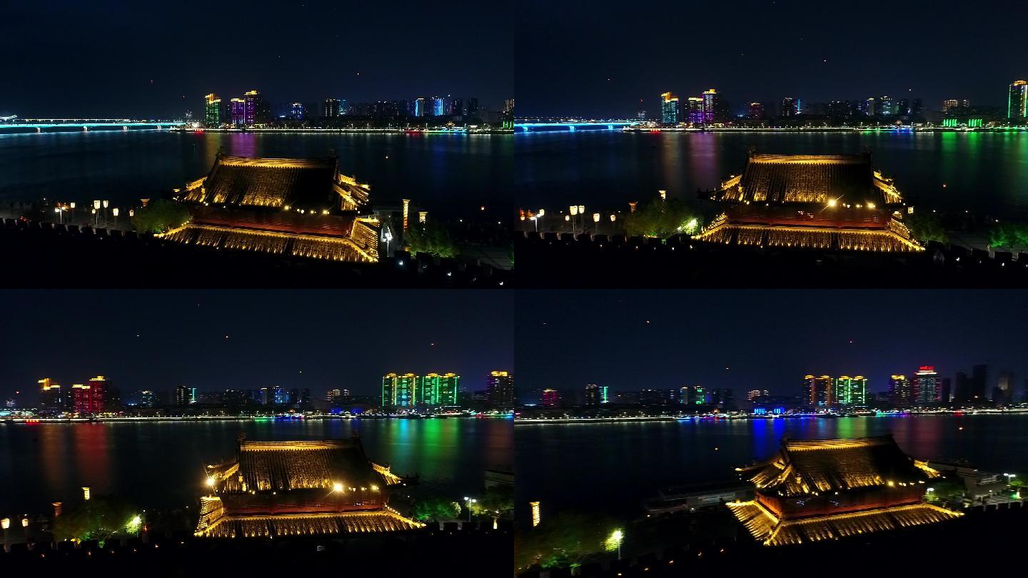 航拍襄阳古城临汉门夜景城市风光