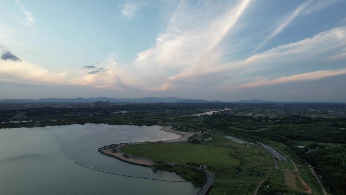 长沙风光湿地公园松雅湖日落航拍