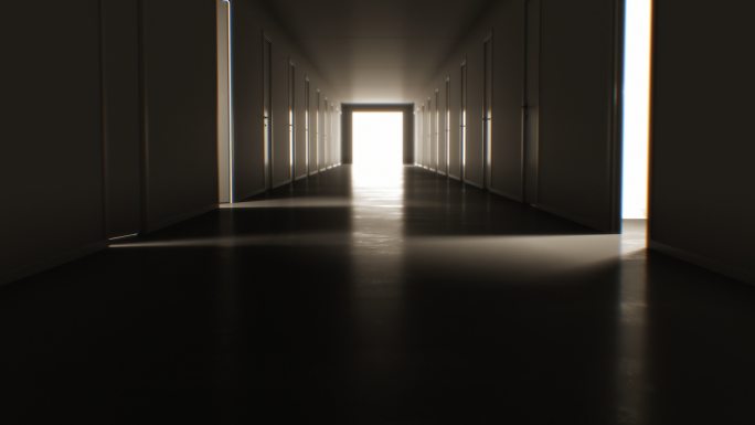 穿过黑暗的走廊，有许多打开和关闭的门