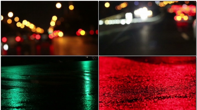 雨后道路霓虹斑马线红绿灯行人匆匆