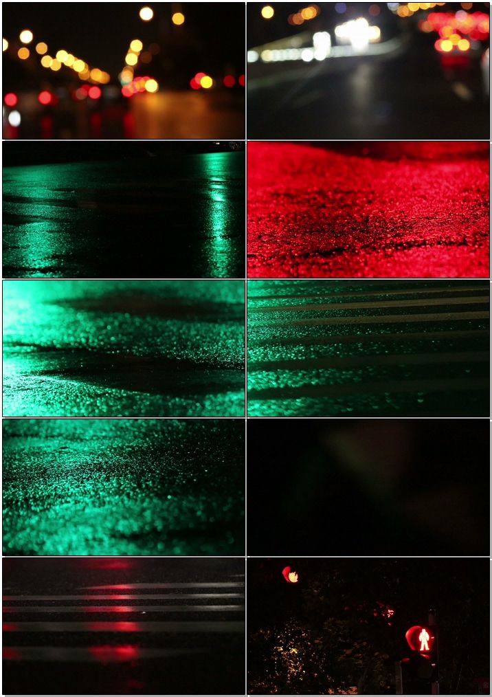 雨后道路霓虹斑马线红绿灯行人匆匆