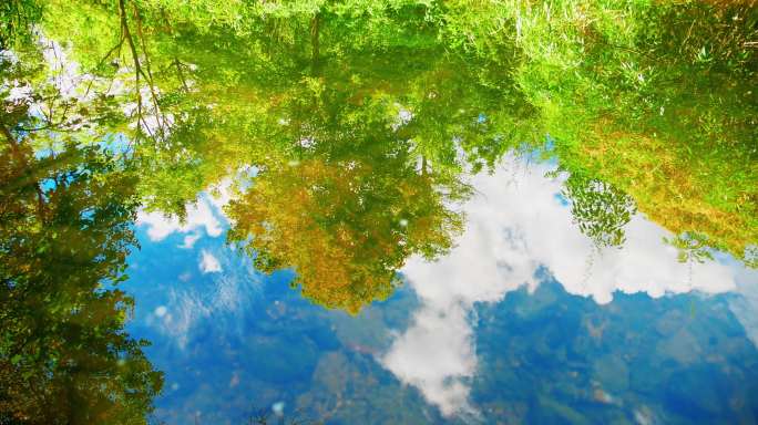 风和日丽唯美的小溪枫叶树林蓝天白云倒影