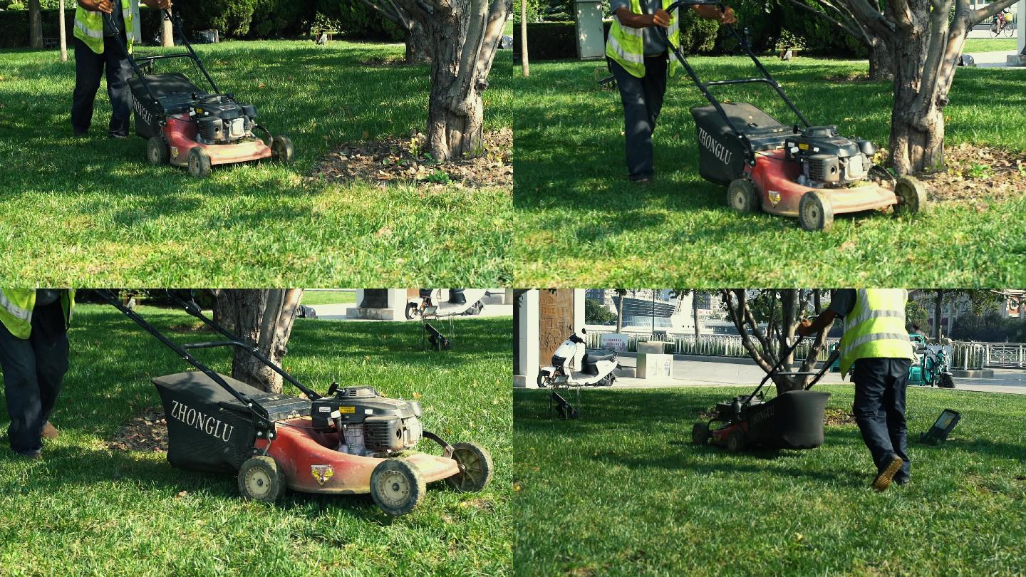 环卫工人割草机修剪草坪