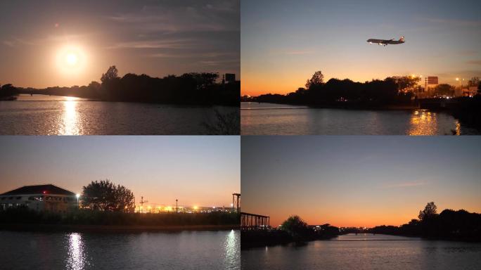 傍晚夕阳下虹桥机场飞机起降4K