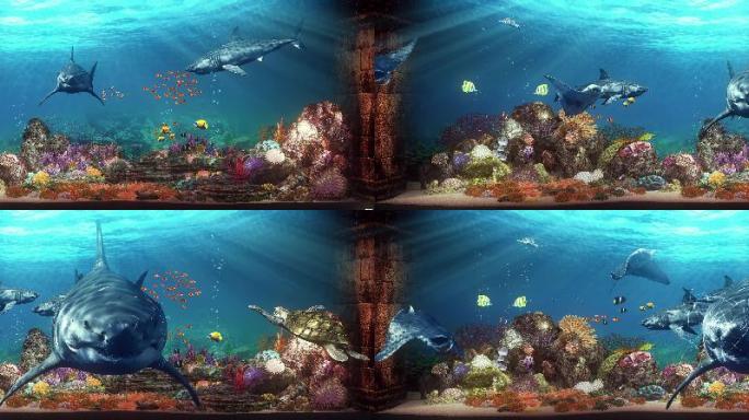 6K超高清唯美梦幻海底世界海水缸鲨鱼撞缸