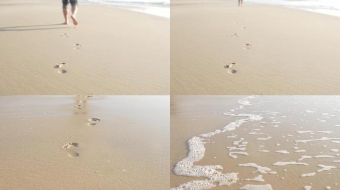 沙滩上行走留下脚印