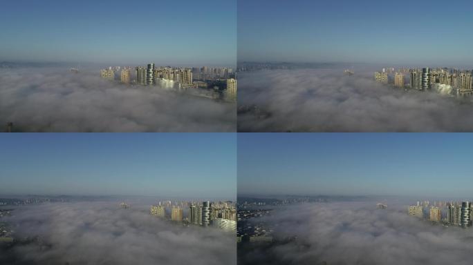 航拍襄阳平流雾云海奇观城市风光