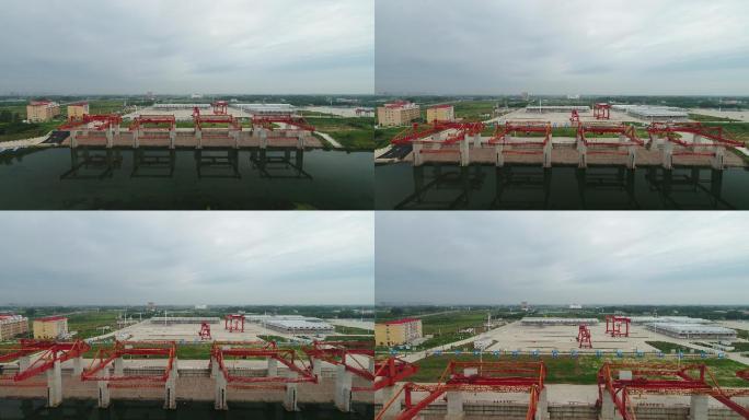 漯河港设施沙澧河河流航拍全景正面推近