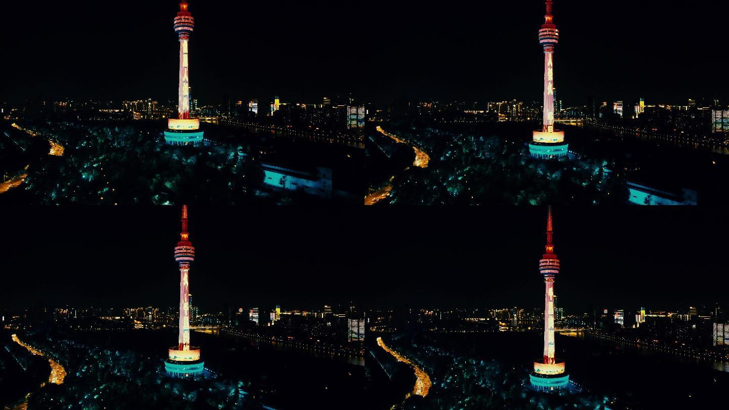 武汉电视塔夜景地标建筑航拍