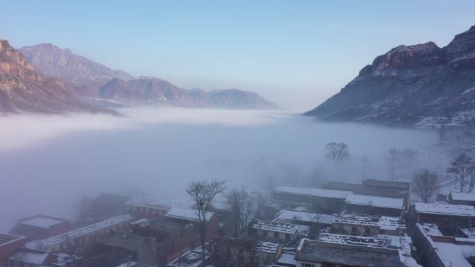 太行山雪景村庄云雾山川航拍