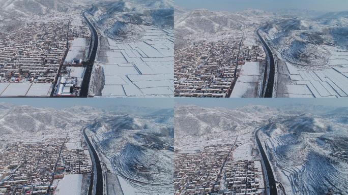 太行山大峡谷雪景航拍村庄公路