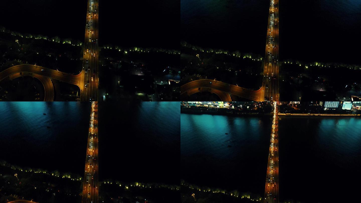 湖南长沙橘子洲大桥夜景交通拥堵的交通航拍