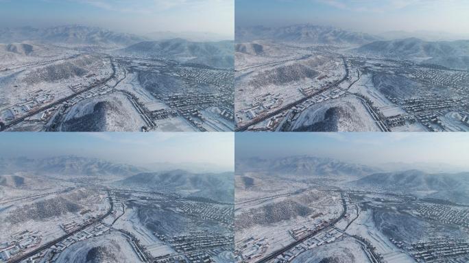 太行山大峡谷雪景航拍村庄公路