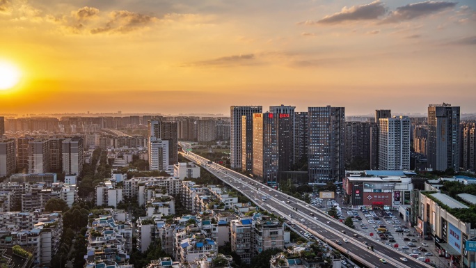 成都青羊区夕阳城市天际线延时摄影4K