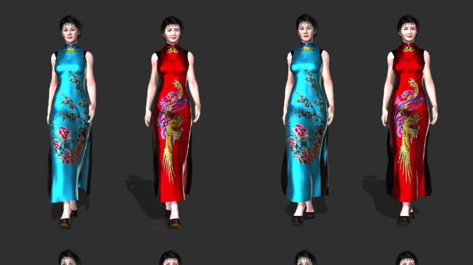 3D模型双人丝绸旗袍走秀正面透明背景