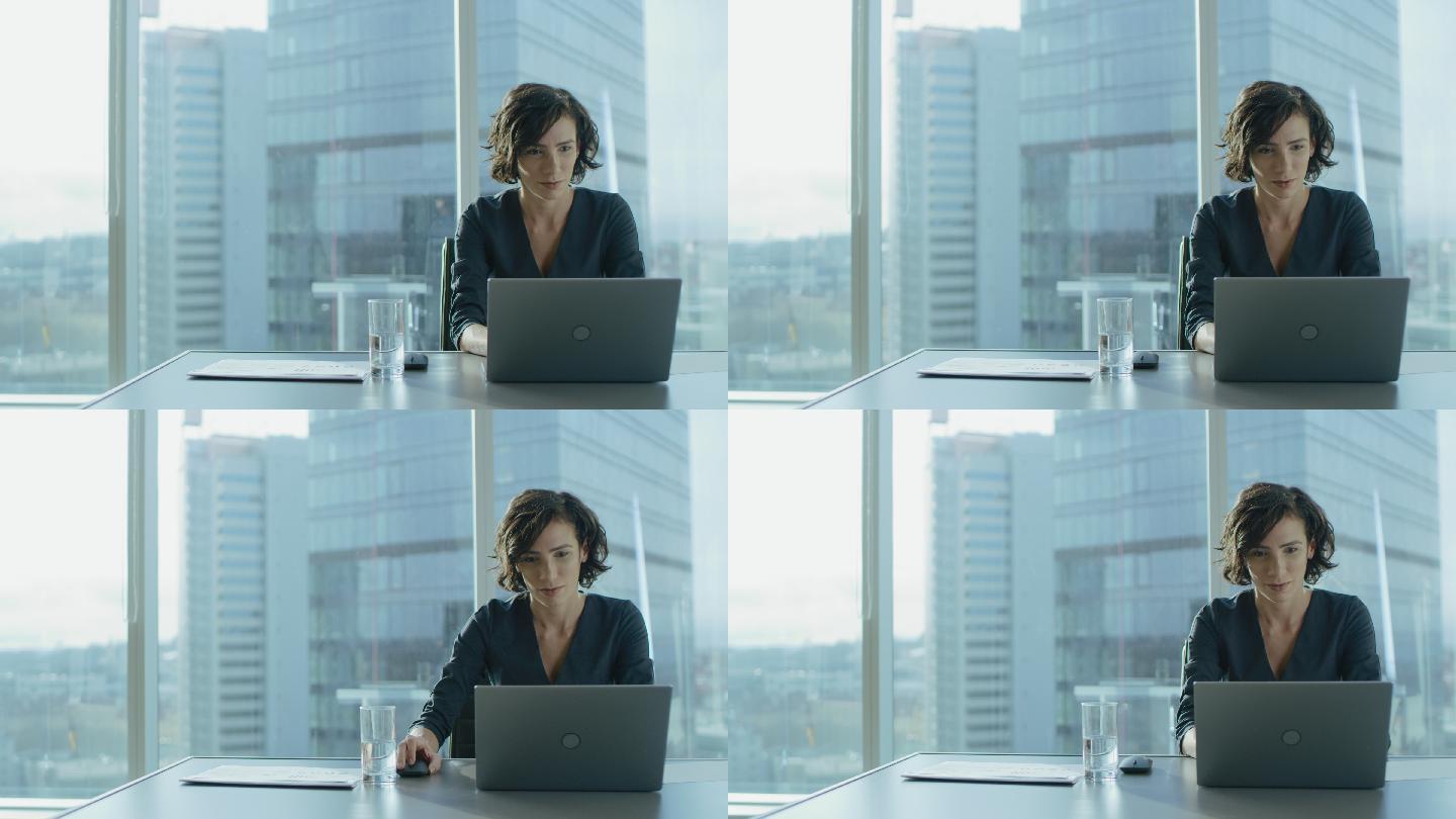 成功的女商人在她的办公室里用笔记本电脑工作