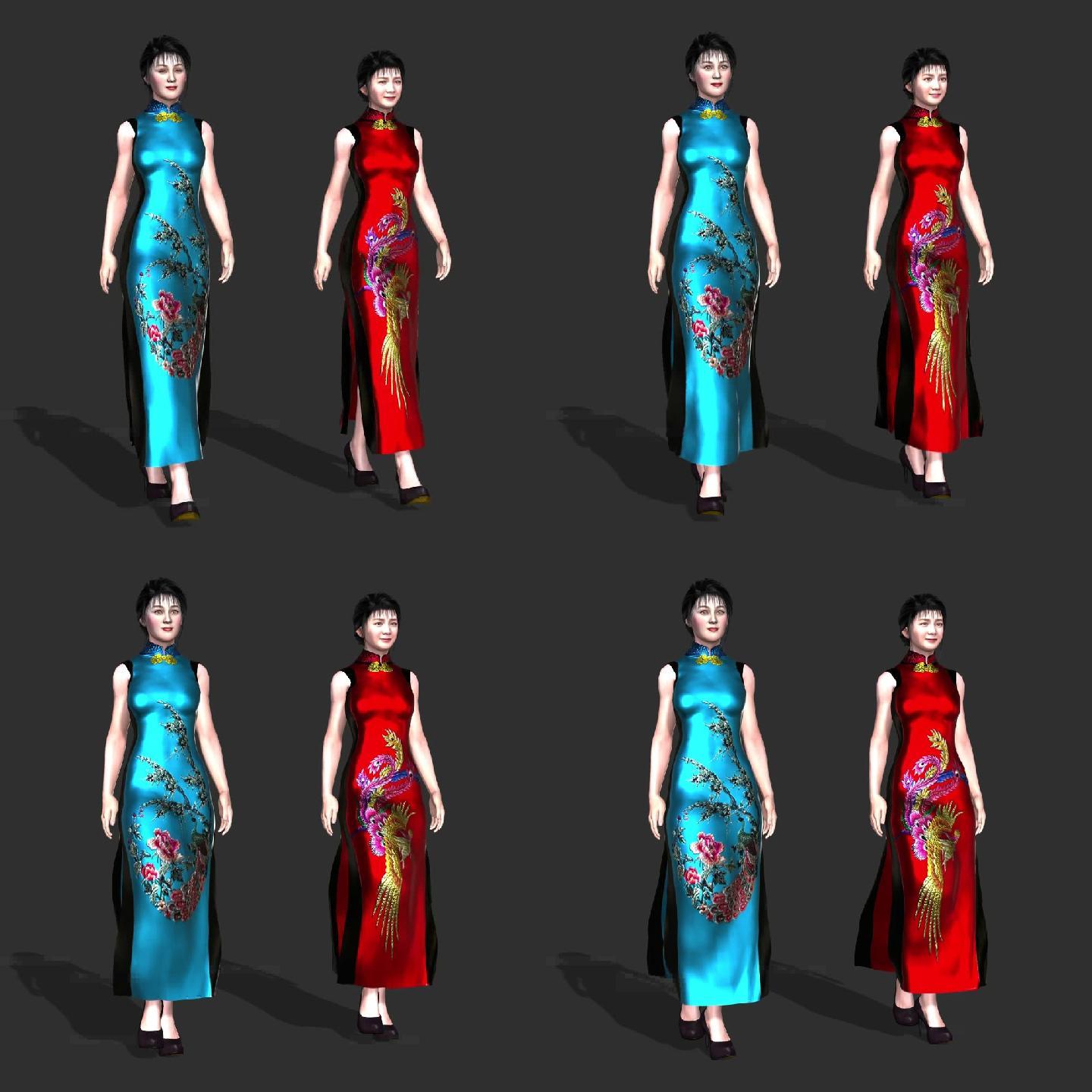 3D模型双人丝绸旗袍走秀向左透明背景