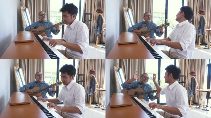 儿子在客厅里弹钢琴，而父亲在一旁弹吉他