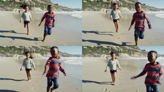 两个小孩在海滩上玩耍和奔跑