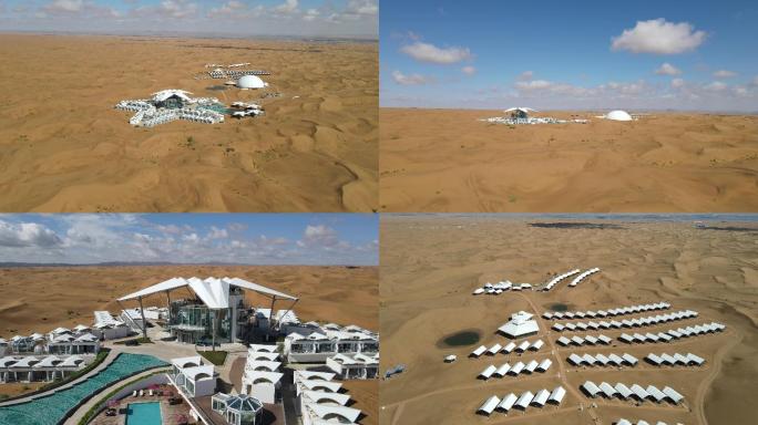 4k无人机航拍宁夏中卫沙坡头沙漠星星酒店