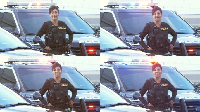 站在巡逻车旁的非裔美国女警察