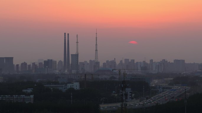 4K傍晚城市堵车晚高峰日落北京广渠快速路