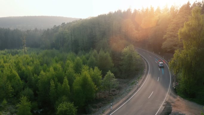 电动汽车在森林公路上行驶